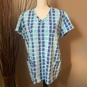 Blue and White Patterned Scrub Top